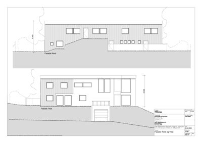 Tegning som viser fasadeoppsett for bygning sett fra Nord og Vest.