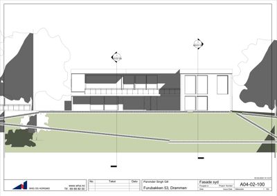 Fasadetegning av en bygning sett fra syd, med omgivelsene tegnet inn.
