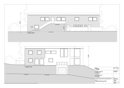 Fasadetegning som viser bygningens utseende sett fra Nord og Vest med mål og detaljer.