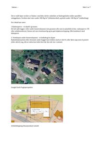 Bildet viser en side fra en byggesak som inneholder tekst om Radon og to bilder: et Google Earth-flyfoto (situasjonsperspektiv) og et utsnitt av en arkitekttegning (situasjonskart).