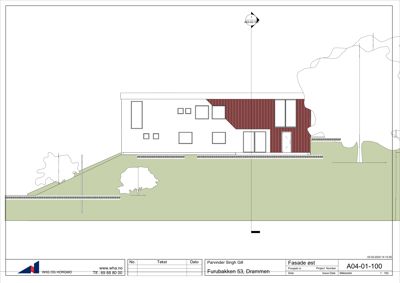 Fasadetegning av en bygning sett fra øst, med visuell fremstilling av fasadeforhold og terreng.