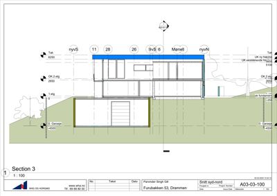 Snittegning (Section 3) som viser tverrsnittet av bygningen, høydemål og romfordeling.