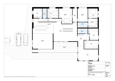 Etasjeplan (Tilbygg) som viser romfordeling, stuer, soverom og parkeringsplasser.