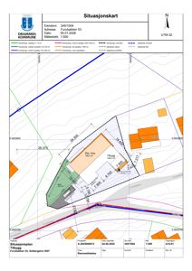 Situasjonskart som viser eiendomsgrenser, topografi og bygningsplassering.