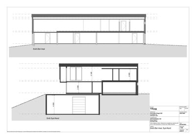 Snittegning av en bygning sett fra Øst-Vest og Syd-Nord, som viser romfordeling og høyder.