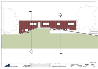 Fasadetegning av en bygning sett fra nord, med visuell fremstilling av fasadematerialer og terrengforhold.