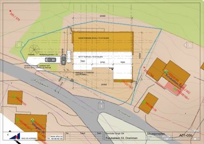Situasjonsplan som viser tomtens form, eksisterende og planlagt bygning, samt tilstøtende infrastruktur og nabolag.