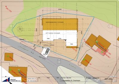 Situasjonsplan som viser tomtens grenser, eksisterende og planlagt bygning, veier og nabolag.
