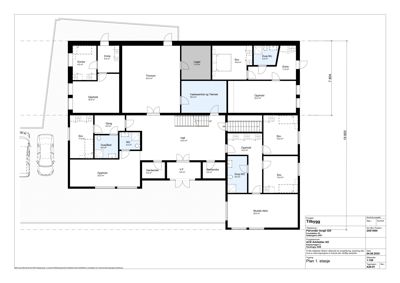Etasjeplan (1. etasje) som viser romfordeling, størrelser og funksjoner i en bolig.
