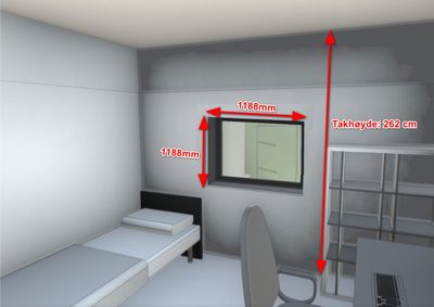 3D-visualisering av et rom (sengerom/kontor) med innredning og måleindikatorer for vindu og takhøyde.