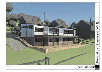 3D-visualisering (rendering) av en bygning sett fra sør-vest. Bildet viser fasade, takform og omgivelser i et perspektiv.