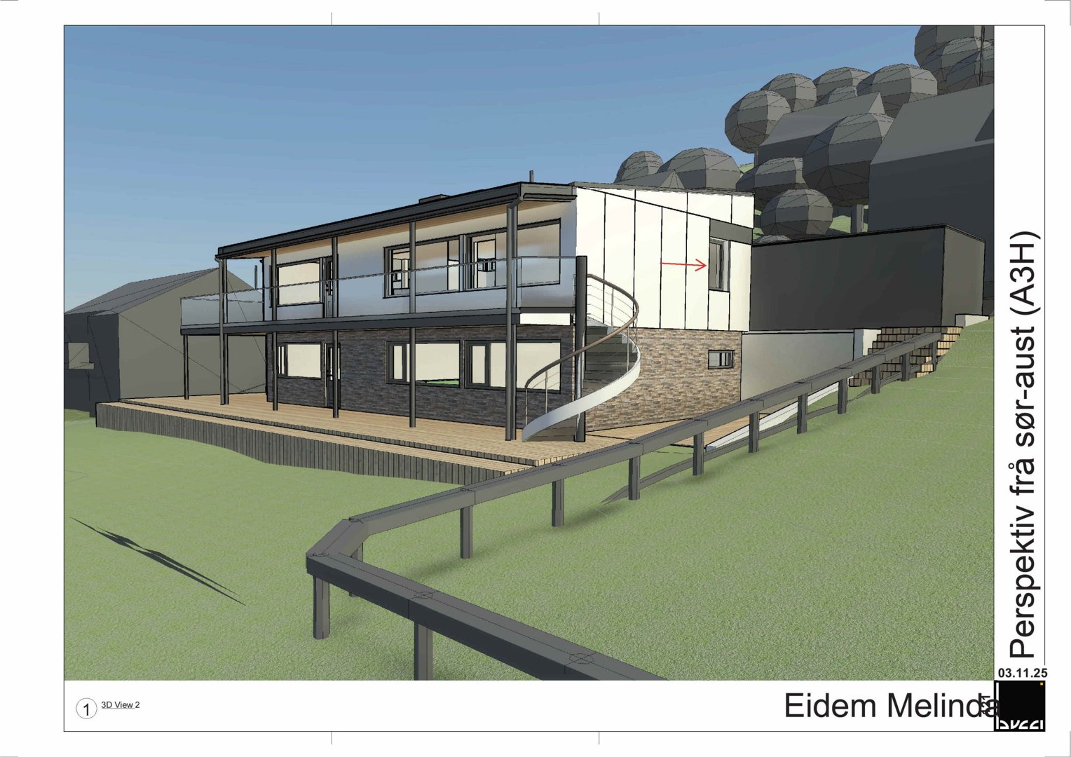 3D-visualisering (rendering) av en bygning sett fra sør-aust.