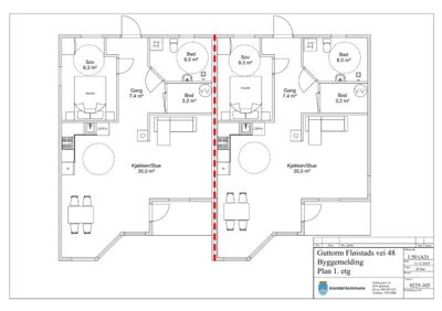 Etasjeplan (1. etg) som viser romfordeling, arealer og veggkonstruksjoner for to leiligheter.