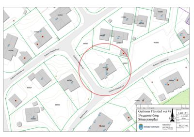 Situasjonsplan som viser eiendomsforhold, nabotomter og veier i området rundt Guttorm Flostad vei 48.