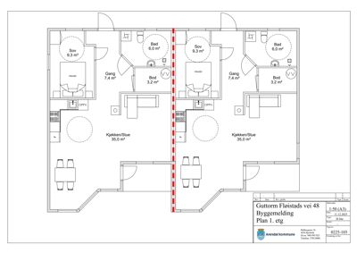 Etasjeplan (1. etg) som viser romfordeling, arealer og veggkonstruksjoner for to leiligheter.