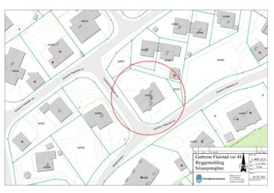 Situasjonsplan som viser eiendomsforhold, nabotomter og veier i området rundt Guttorm Flostad vei 48.