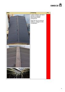 Fotografier av et ytttak med synlig mønning og korroderte menepanner, inkludert en detalj av takkonstruksjonen under.