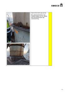 Fotografier av en gjennomkorrodert pipe på taket med tilhørende tekstbeskrivelse.