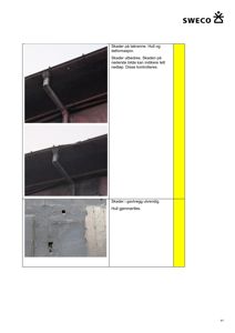 Fotografier av skader på takrenne og gavlegg i en bygning.