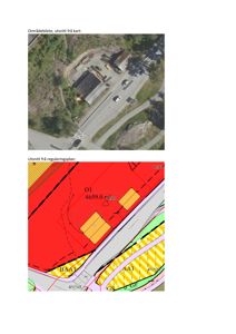 Bildet viser to bilder: øverst et luftfoto (områdebilde) og nederst et utsnitt fra en reguleringsplan med fargekodet arealbruk.
