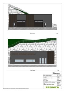 Fasadetegning som viser bygningens utseende fra to vinkler (Sør/Vest og Sør/Øst) med detaljer om materialer og vinduer.