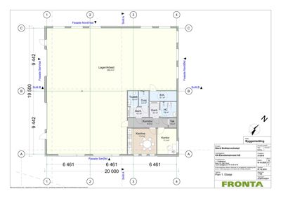Etasjeplan (Plan 1. Etasje) som viser romfordeling, arealer og fasader for et snikerverksted.