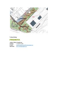 Situasjonsplan som viser tomtens beliggenhet, omgivende infrastruktur (veier, vann), topografi og plassering av bygninger.