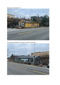 Fotografier av to bygninger ved en vei. Øverst en gult malt bygning som skal rives, nederst en grå bygning som ikke er omfattet av søknaden.