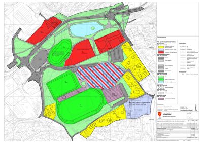 Situasjonsplan som viser regulering av et område med idrettsanlegg, vann og bygninger.