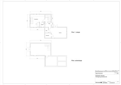 Plantegning som viser romfordeling og dimensjoner for Plan 1. etasje og Plan underetasje.