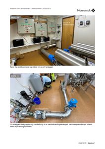 Fotografier av et teknisk rom (maskinrom) med rørsystemer, pumper og elektriske skuffer.