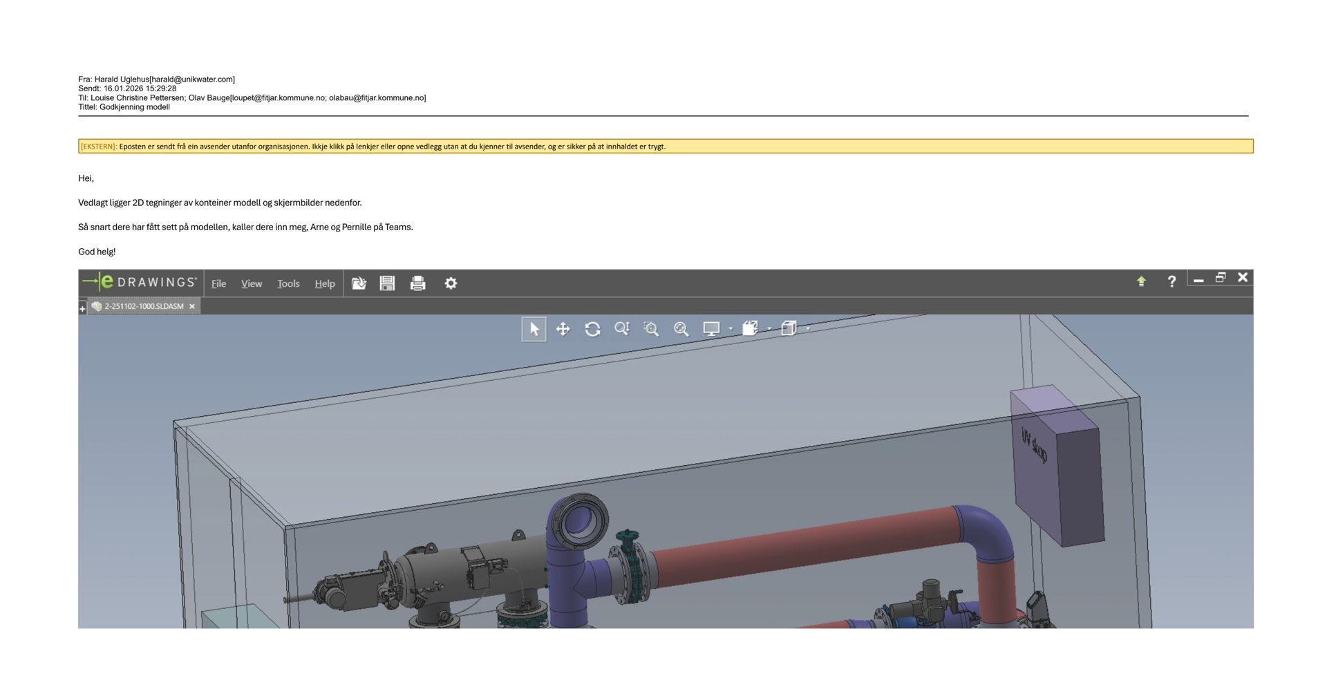3D-modellering av en teknisk installasjon (rør og utstyr) i et rom, vist i et CAD-program.