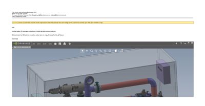 3D-modellering av en teknisk installasjon (rør og utstyr) i et rom, vist i et CAD-program.