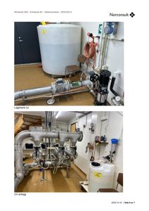 Fotografier av utstyr i en teknisk rom, spesifikt en lagertank for luft og et UV-anlegg.