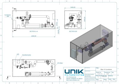 Tegning som viser detaljert innvendig anlegg i en VV-kontainer, inkludert rørledninger, pumper og elektrisk utstyr.