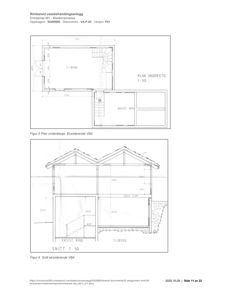 Bildet viser en snittegning (Snitt 1:50) av en eksisterende og en tilbyggdel av et vassbehandlingsanlegg. Det illustrerer bygningens tverrsnitt, inkludert takform, vinduer, trapper og romfordeling.