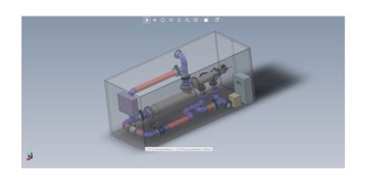3D-modell av en teknisk anleggskomponent (sannsynligvis en pumpehus eller teknisk rom) med rørledninger og utstyr.