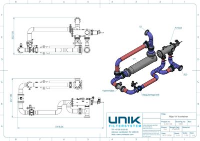 Tegning som viser detaljert konstruksjon av en VV-kontainer med rør, ventiler og komponenter.