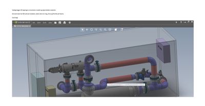 3D-modell av en teknisk anleggskomponent (rørledninger, ventiler og en boks) inne i en container eller skjemodel.