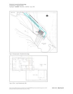 Bildet viser to tegninger fra en byggesak for Rimbareid vassbehandlingsanlegg. Øverste del er en situasjonsplan (Figur 3) som viser eksisterende anlegg og planlagt utvidelse på tomten. Nedre del er et første etasje-plan (Figur 4) av det eksisterende bygget.