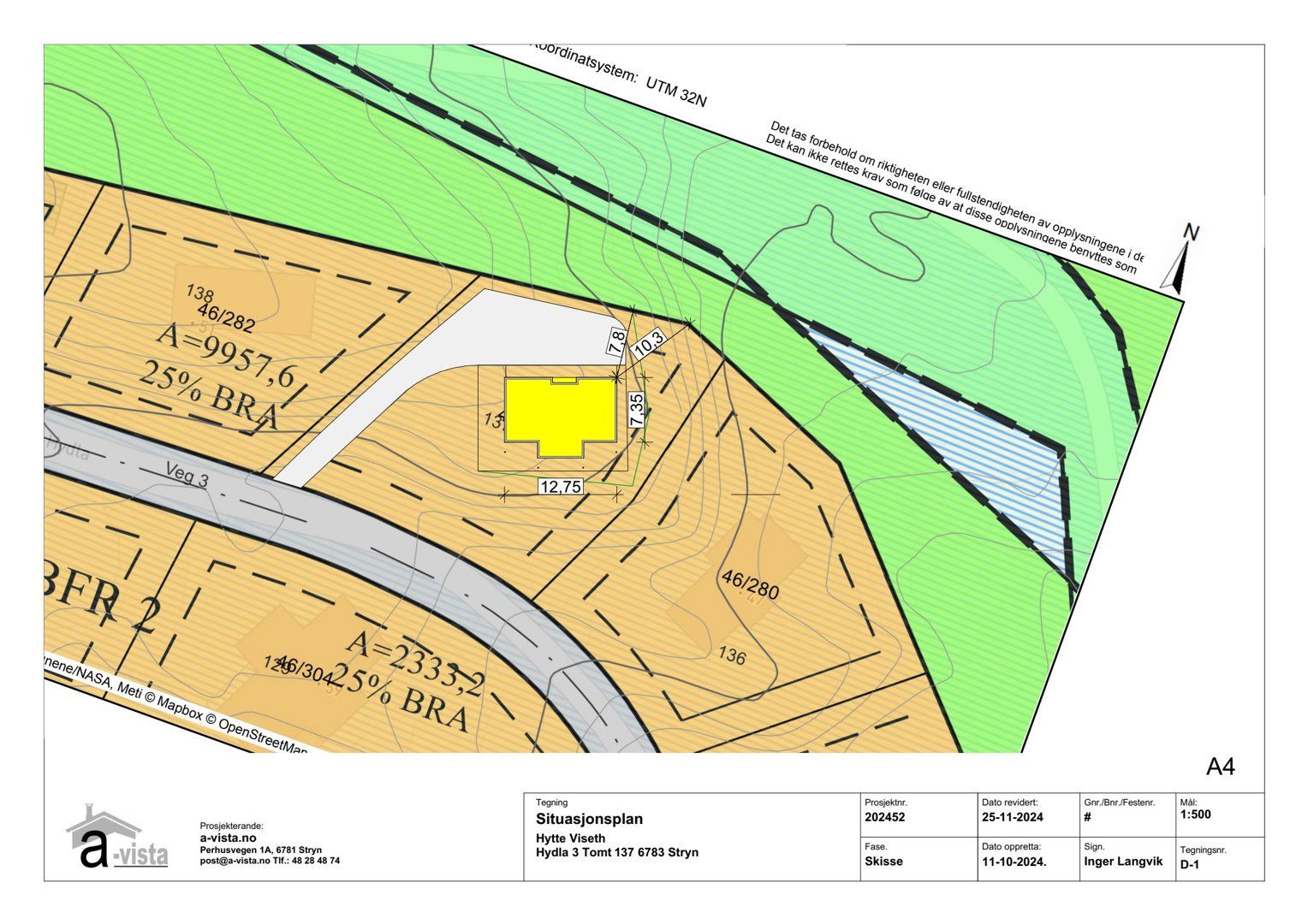 Situasjonsplan som viser tomtens form, grenser, høydeforhold (konturlinjer), vegforhold og plassering av en hytte (gult område).