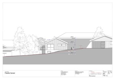 Fasadetegning (oppriss) av en bygning sett fra sørøst, med angitte høyder og terrengforhold.