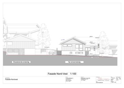 Fasadetegning som viser oppriss av en ny tomannsbolig og en eksisterende enebolig sett fra nordvest.