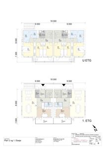 Plantegning som viser romfordeling og dimensjoner for etasjene U (U ETG) og 1 (1. ETG).