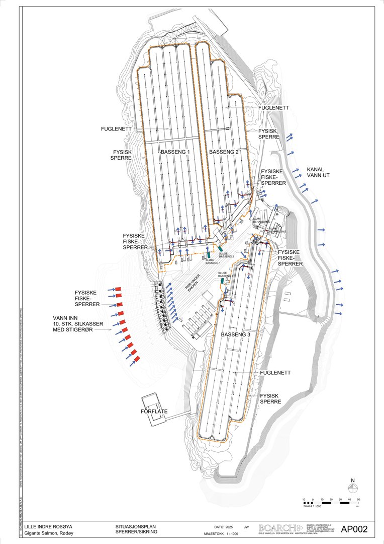 Situasjonsplan som viser plassering av bassenger, kanaler, sperrer og terrengforhold på et område.