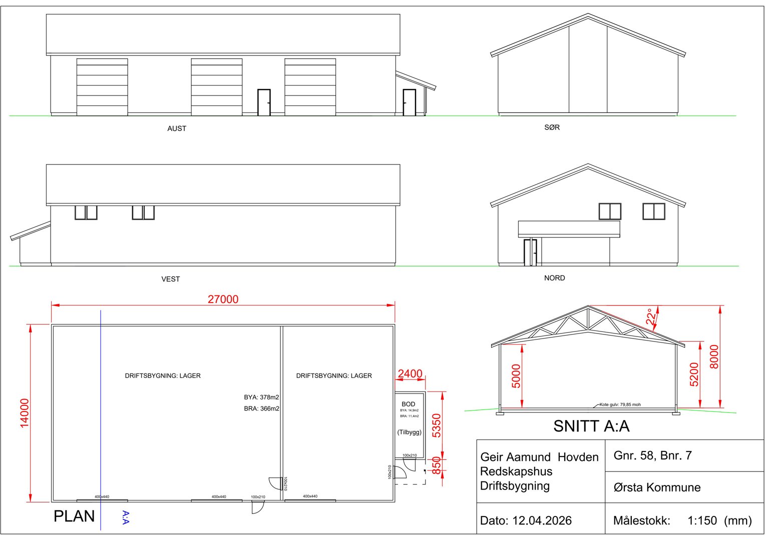 Bildet viser en tegning med oppriss (fasader) for et bygg sett fra fire sider (Aust, Sør, Vest, Nord), samt en snittegning og en plan. Det er også inkludert tekniske data om bygningen.