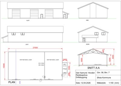 Bildet viser en tegning med oppriss (fasader) for et bygg sett fra fire sider (Aust, Sør, Vest, Nord), samt en snittegning og en plan. Det er også inkludert tekniske data om bygningen.