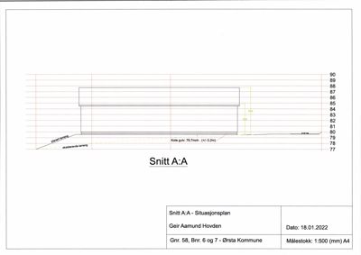 Snittegning (Snitt A:A) som viser bygningens høydeprofil i forhold til terreng, med koter og eksisterende/planlagt terreng.