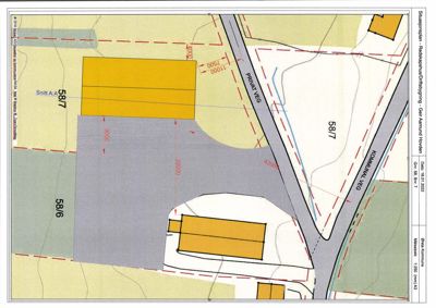 Situasjonsplan som viser tomtene 58/6 og 58/7, bygningers plassering, veier (privat veg, kommunal veg) og snittlinje.