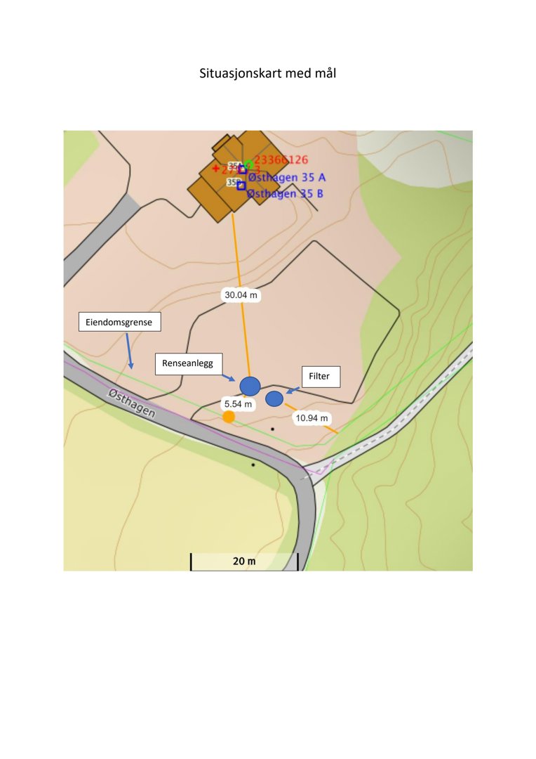 Situasjonskart med mål som viser eiendomsgrenser, eiendomsnummer, renseanlegg og filterplassering.
